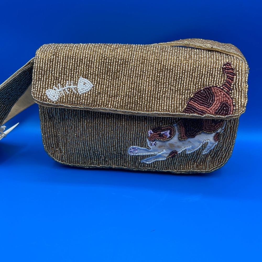 Sol and Mer Beaded Calico Cat Fishbone Shoulder Bag Gold Multi C126179 NEW